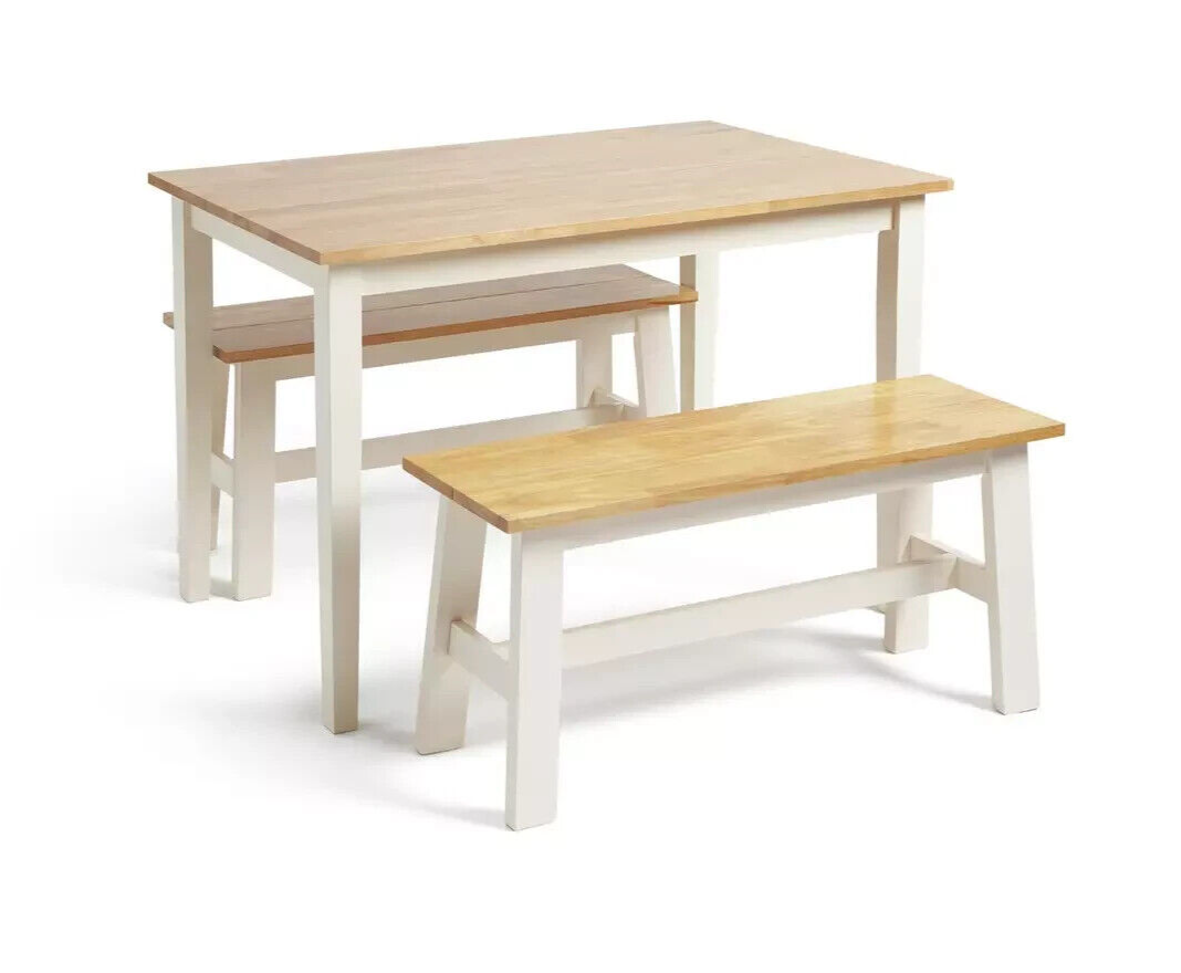 Chicago Solid Wood Table & 2 Off White Benches