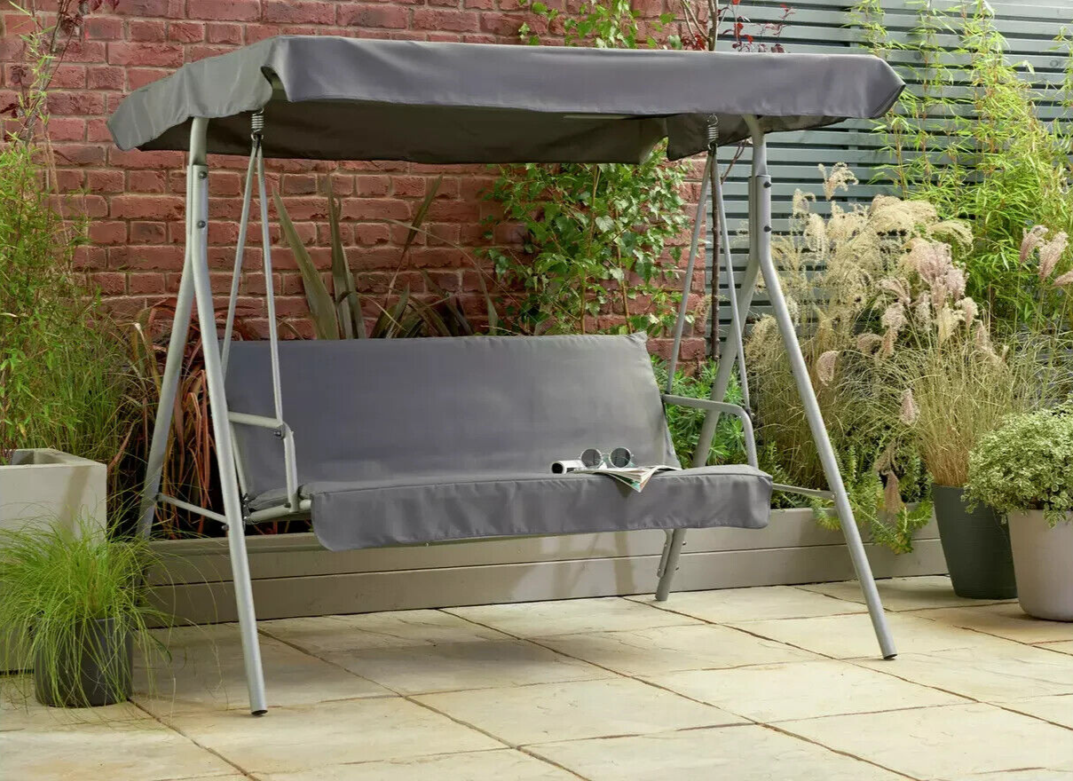 Home 3 Seater Metal Garden Swing Chair Grey | Outdoor Patio Hanging Bench Seat