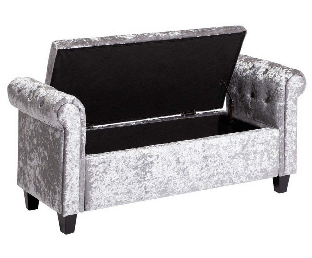 Crushed Velvet Ottoman Silver | Luxurious Storage Bench with Padded Lid and Butt