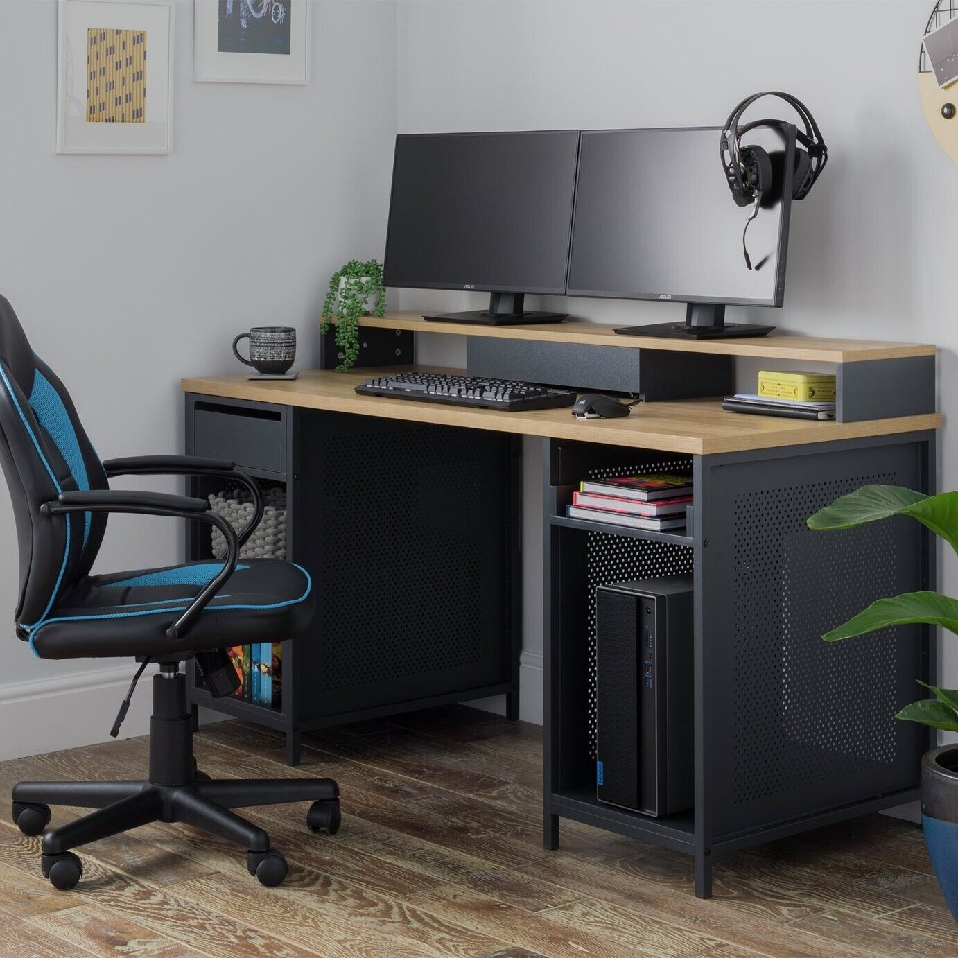 Home Modular 1 Drawer Gaming Desk - Oak Effect & Black | Study Workstation Table