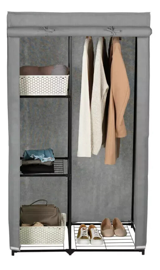 Home Covered Single Wardrobe with Storage Grey | Compact Closet Bedroom Hallway