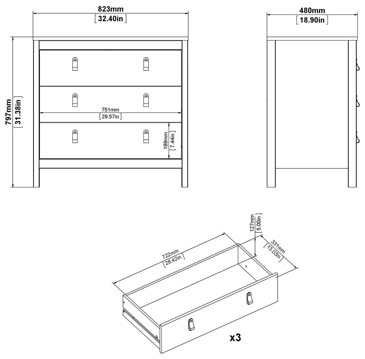 Tvilum Madrid 3 Drawer Chest - Black