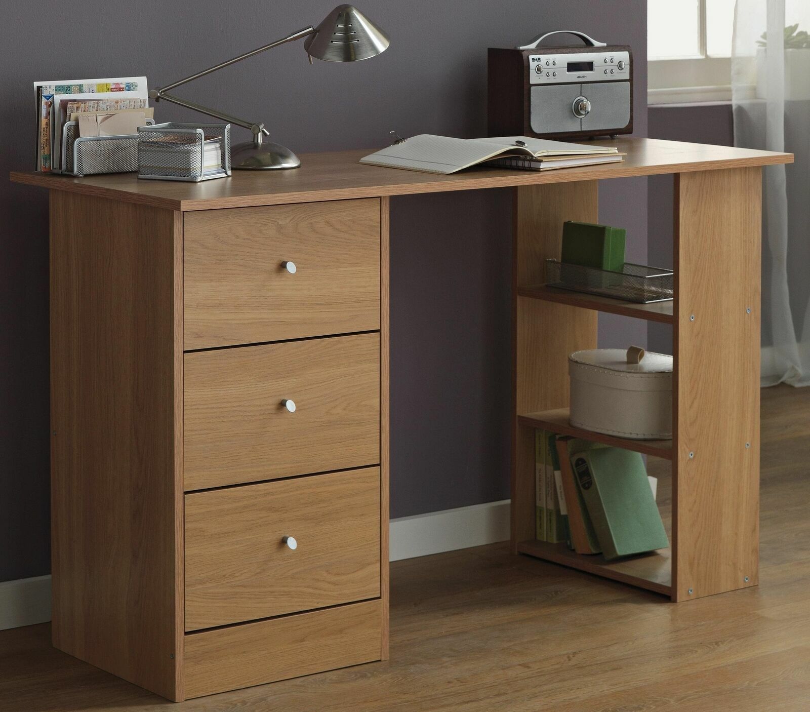 Home Malibu 3 Drawer Office Desk Oak Effect | Home Office Study Writing Table