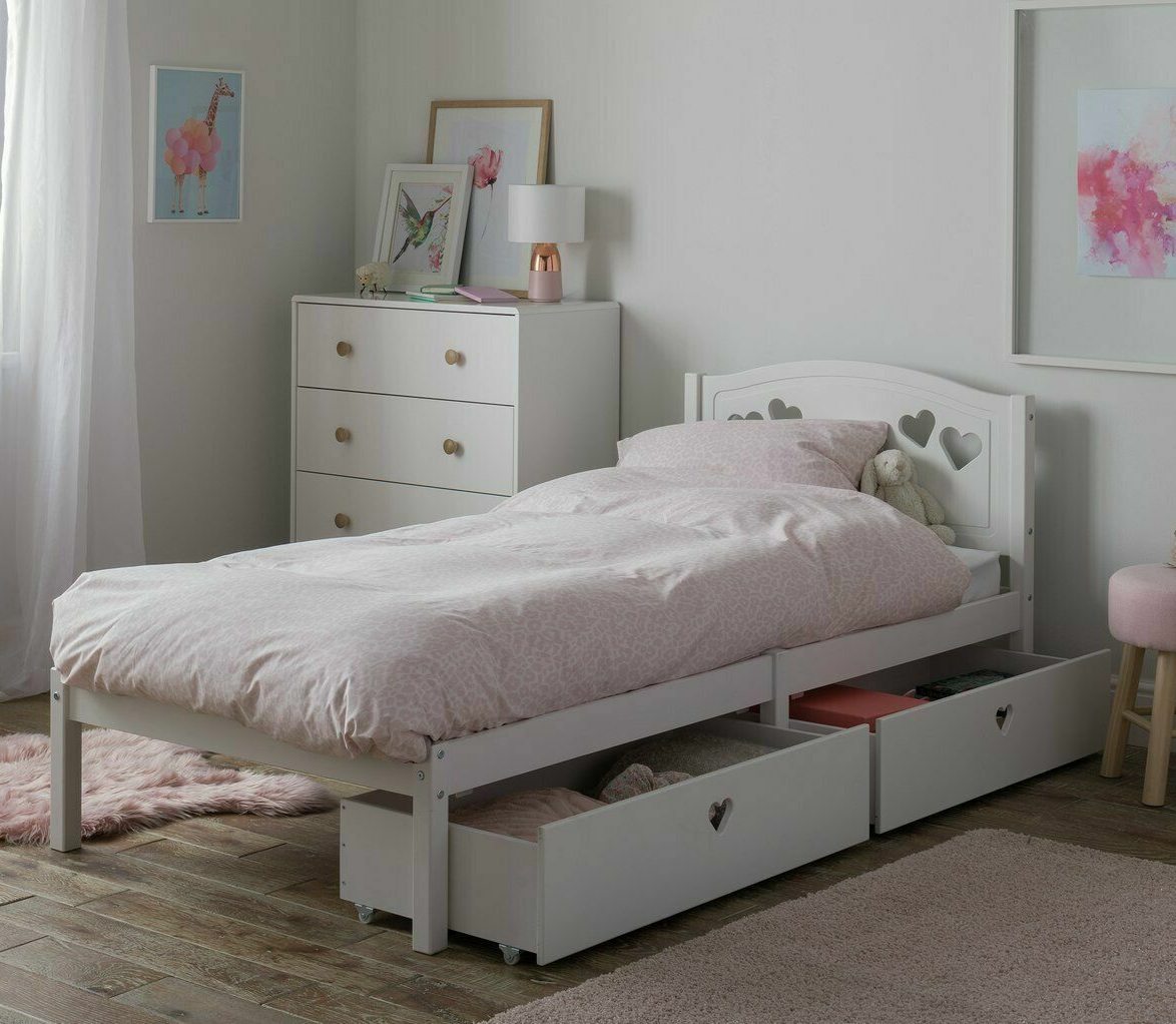 Home Mia Single Bed Frame with 2 Drawers - White | Bedroom Storage Bed for Kids