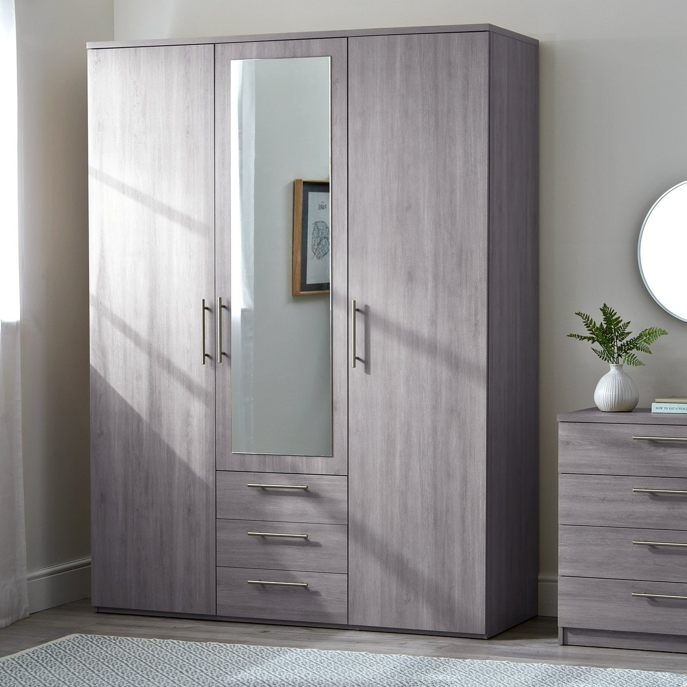 Home Brisbane 3 Door 3 Drawer Wardrobe – GreyOak | Wardrobe with storage