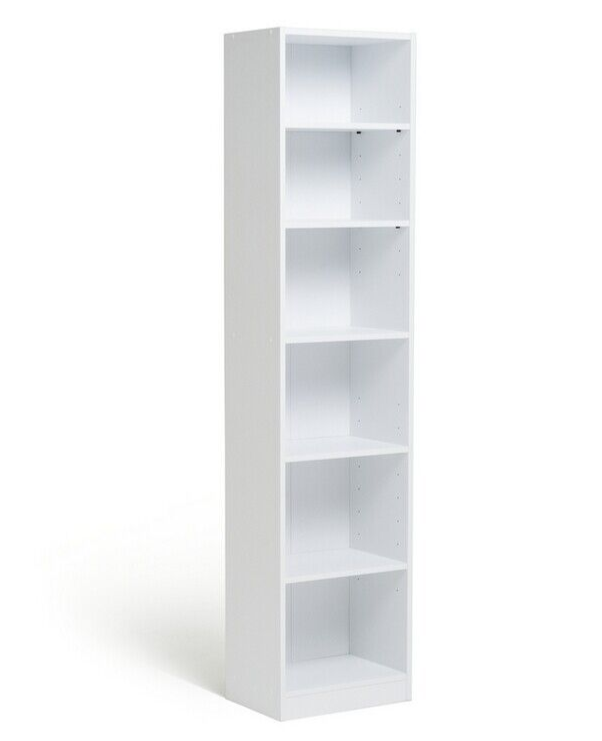 Maine Narrow 6 Shelf Bookcase - Shelving Storage Unit Display Cabinet - White