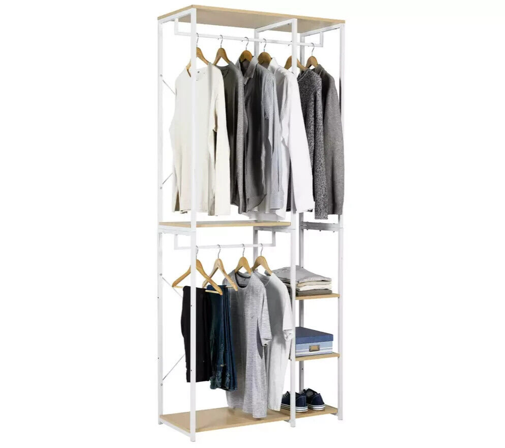Double 2 Rail 4 Shelf Wardrobe White | Open Closet Organizer Hanging Storage