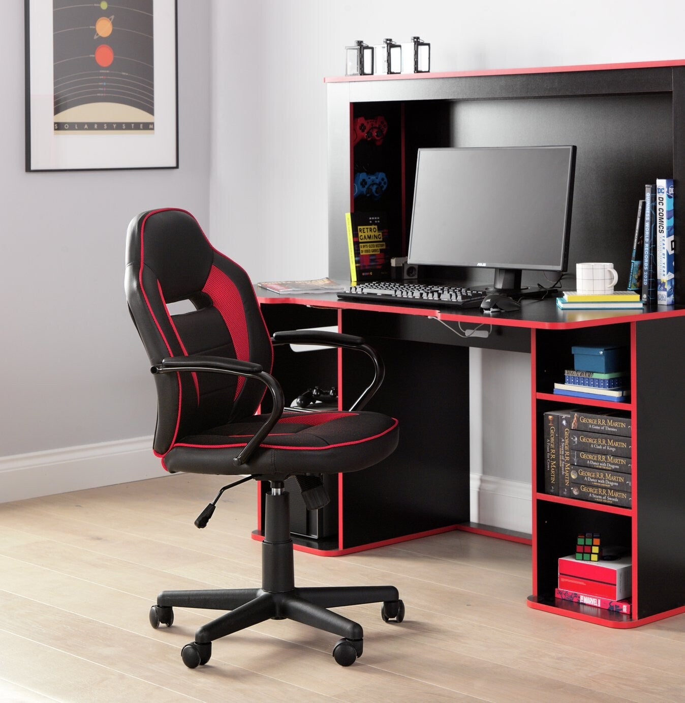 Faux Leather Mid Back Gaming Chair - Red & Black