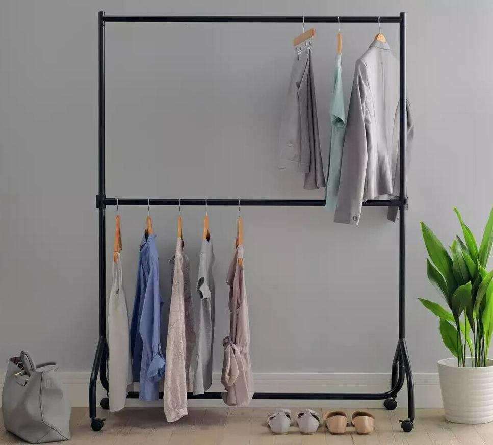 Home Heavy Duty 2 Tier Wheeled Clothes Rail Black | Freestanding Wardrobe Rack