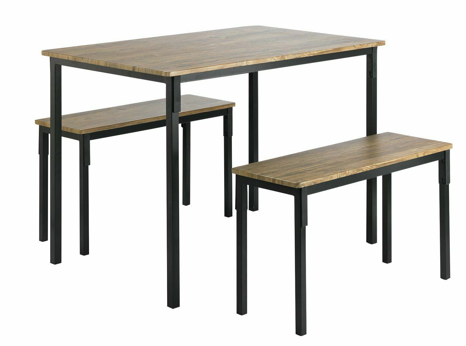 Home Bolitzo Oak Dining Table and 2 Black Benches | Industrial Style Dining Set