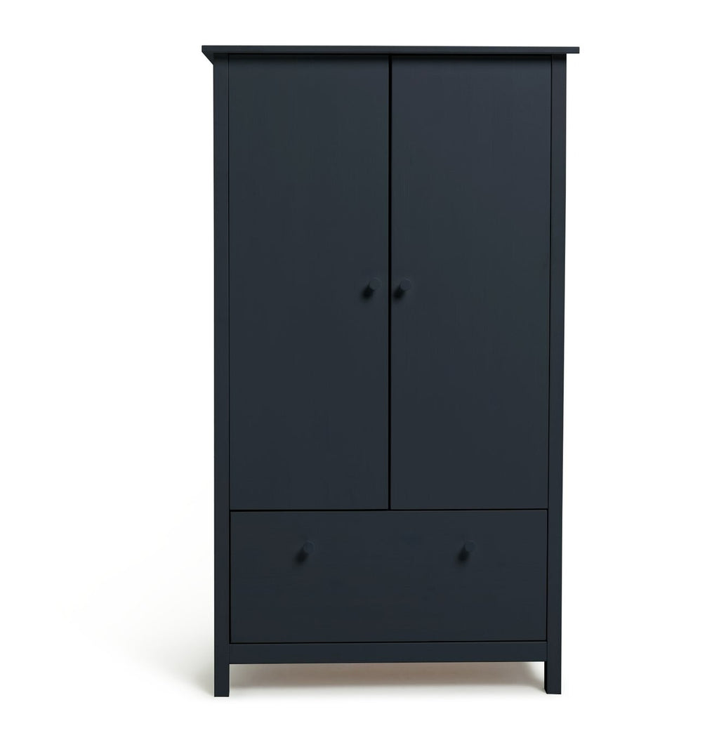 Scandinavia 2 Door 1 Drawer Wardrobe - Navy Blue | Solid Pine Wardrobe, Bedroom