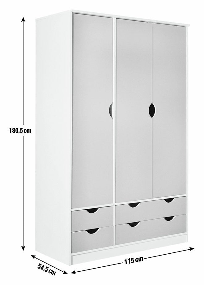 Kids Pagnell 3 Door 4 Drawer Wardrobe - White | large kids wardrobe
