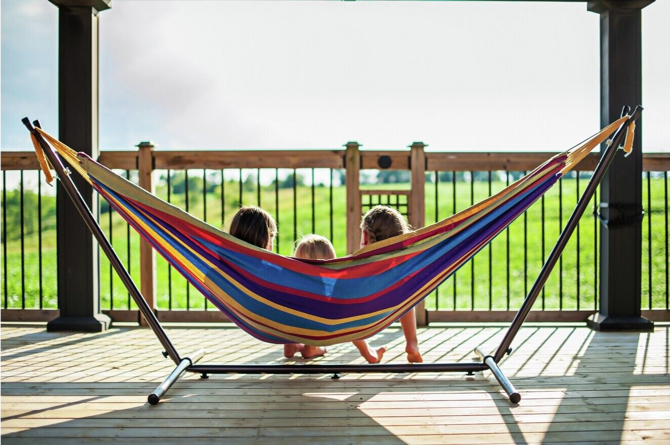Vivere Double Cotton Hammock with Stand - Tropical | Garden Swing Bed, Outdoor