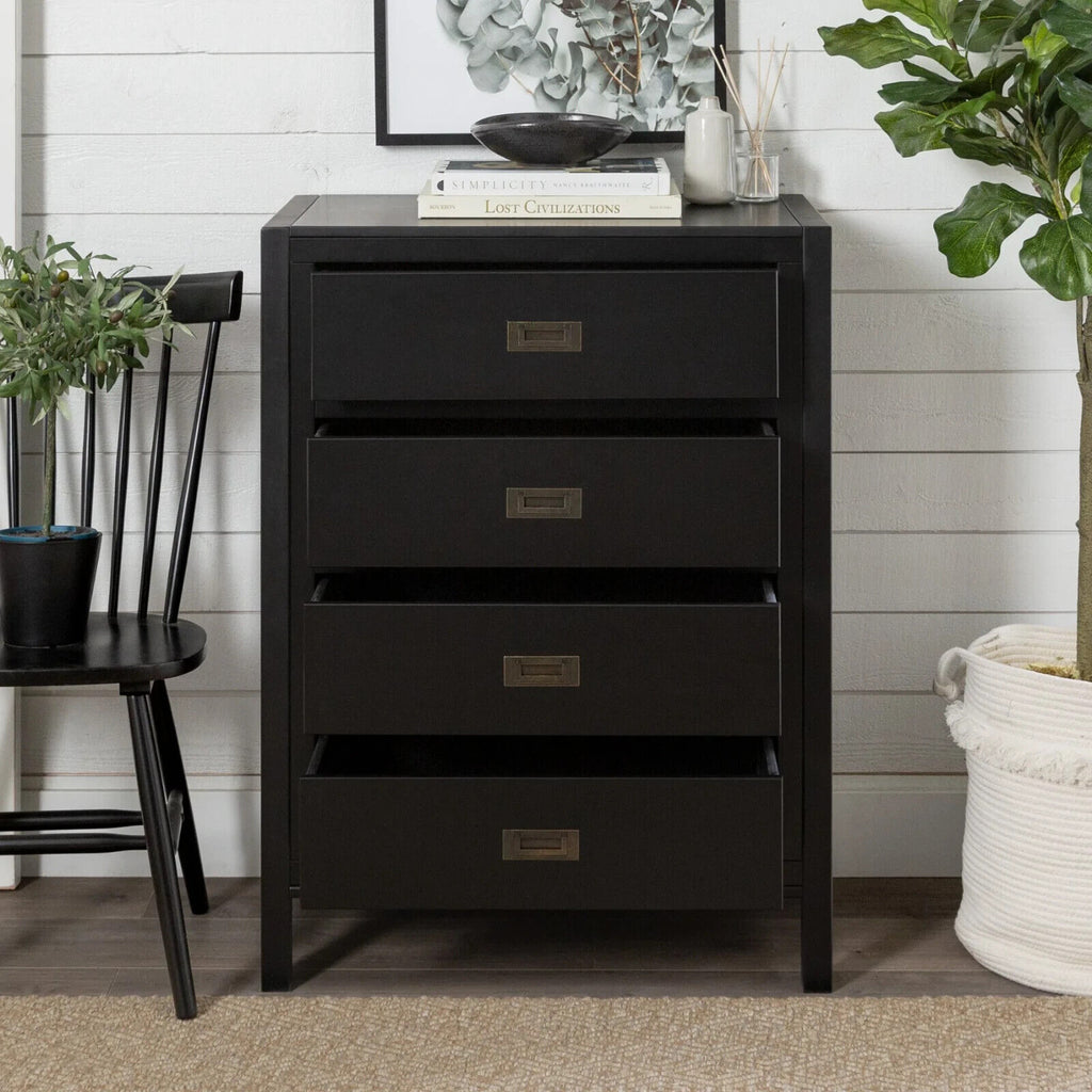 4 Drawer Chest of Drawers Black Wood Tallboy Bedroom Storage Cabinet