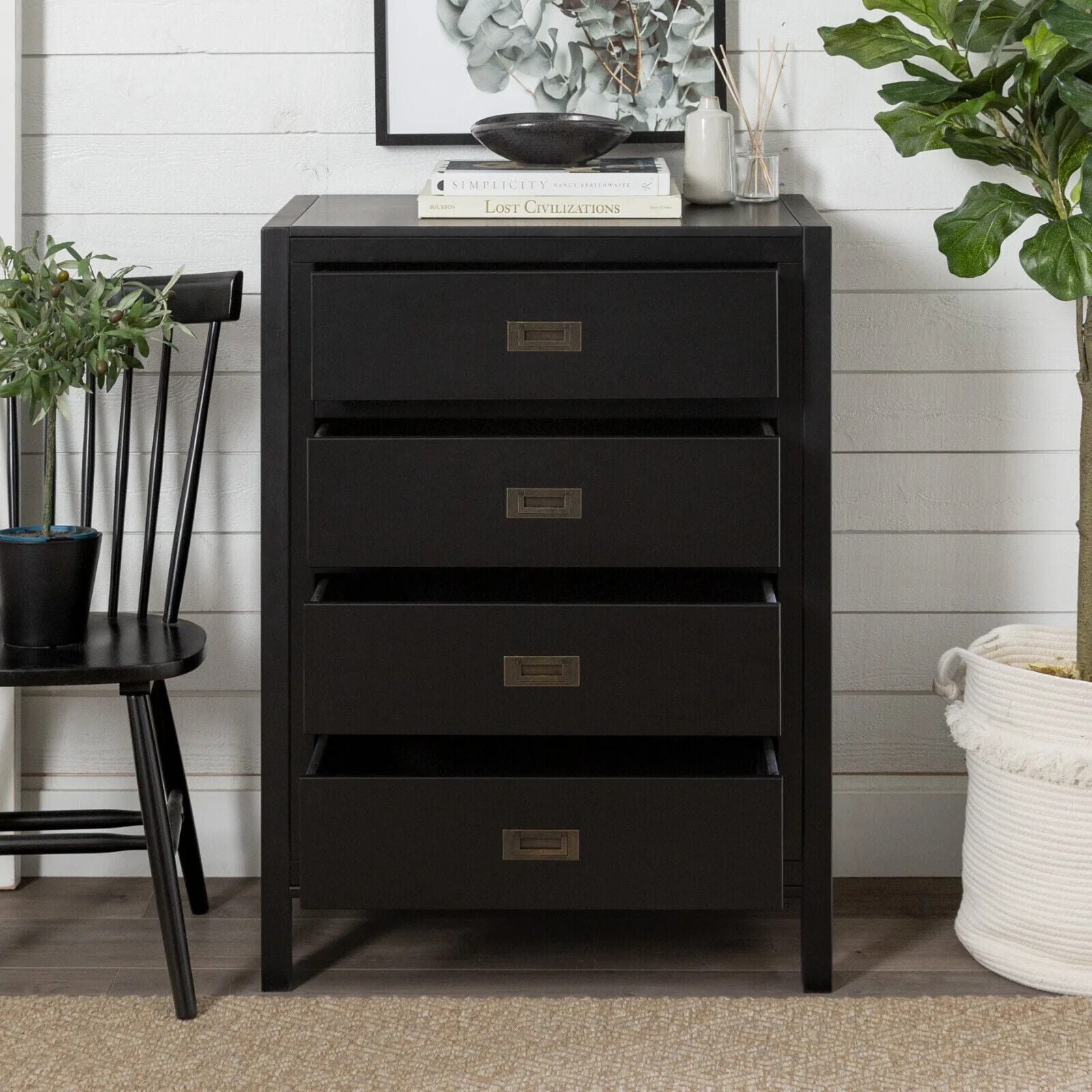 4 Drawer Chest of Drawers Black Wood Tallboy Bedroom Storage Cabinet