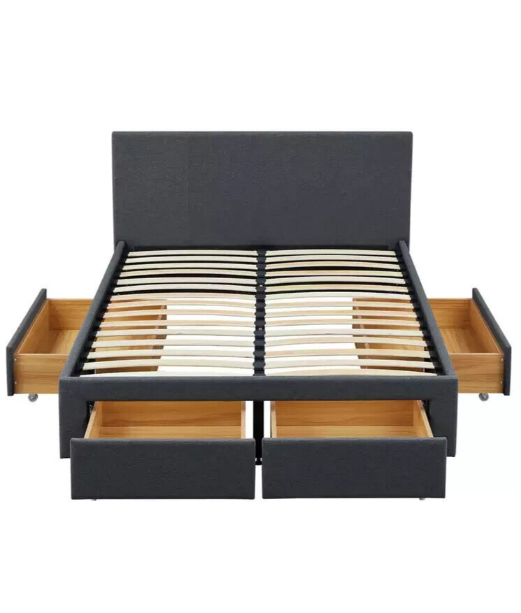 Heathdon 4 Drawer Kingsize Fabric Bed Frame- Grey
