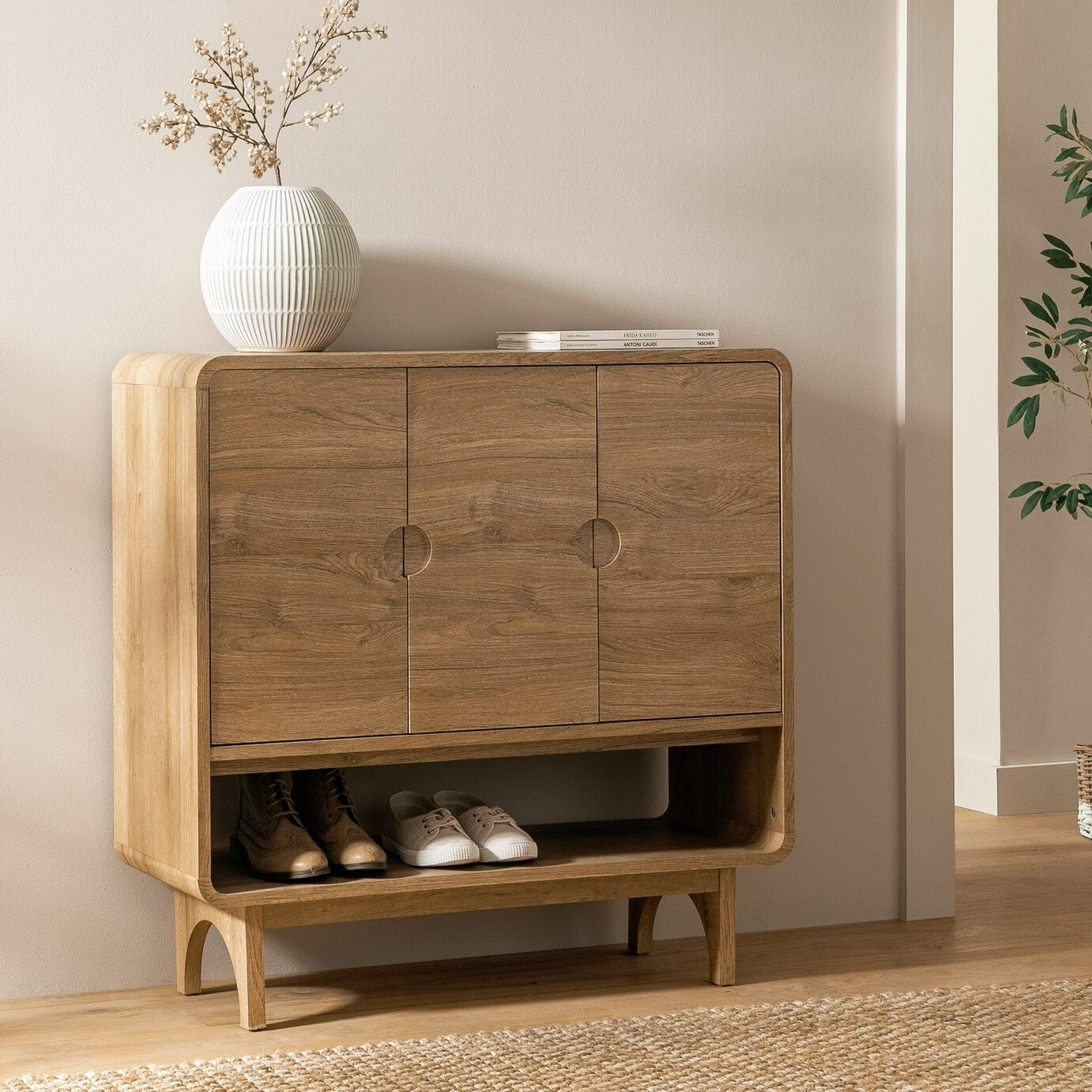 Habitat Nantes 3 Door Shoe Storage Cabinet - Oak | Oak Shoe Cupboard Hallway