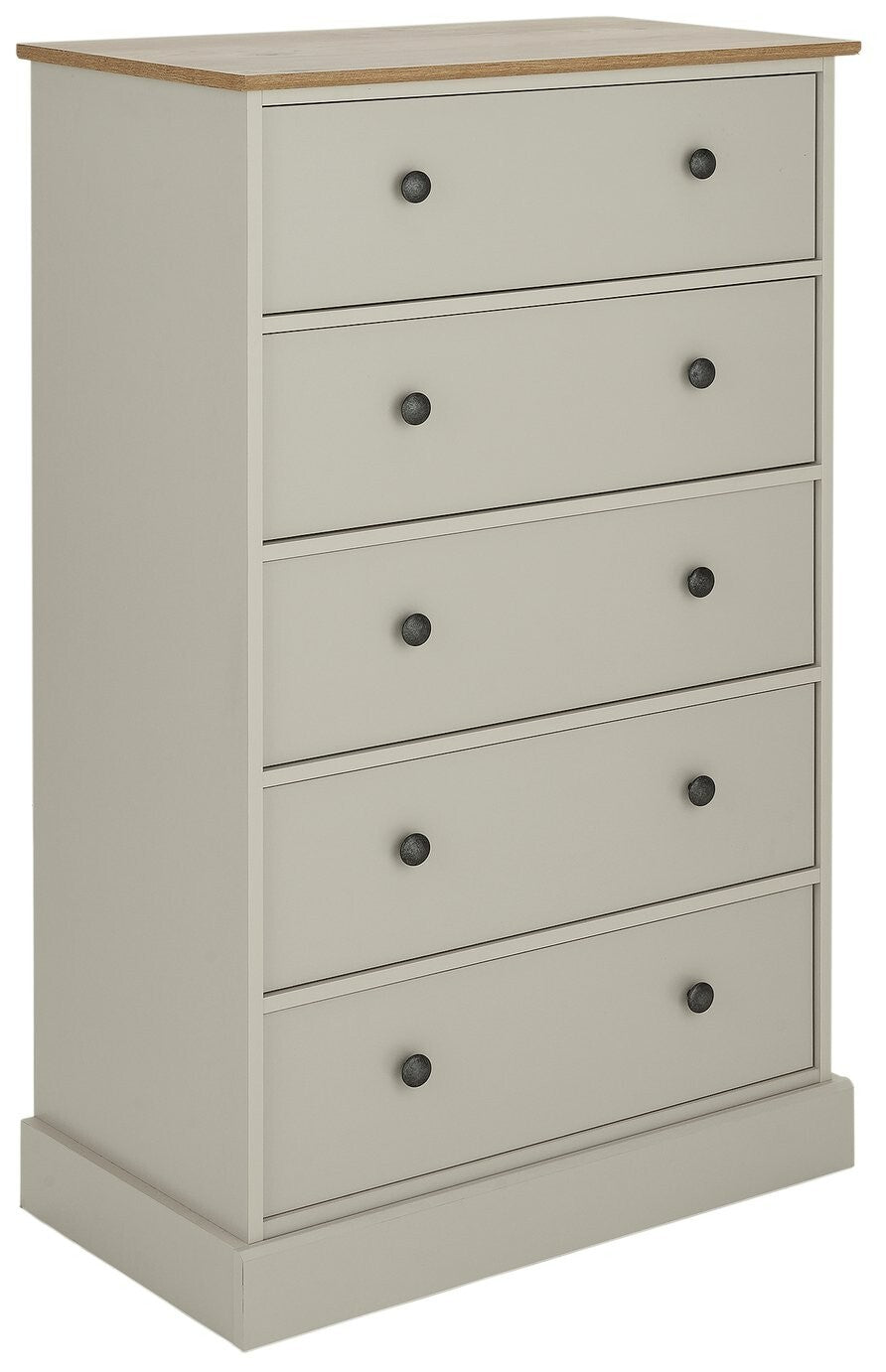 Kensington 5 Drawer Chest - Soft Grey/Oak Effect