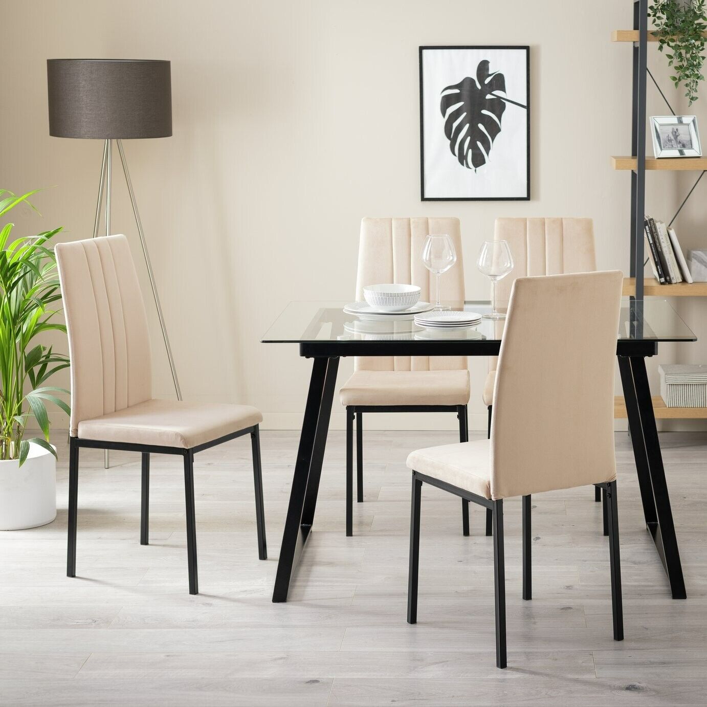 Home Tyrus Glass Dining Table & 4 Natural Chairs | Kitchen Dining Room Furniture