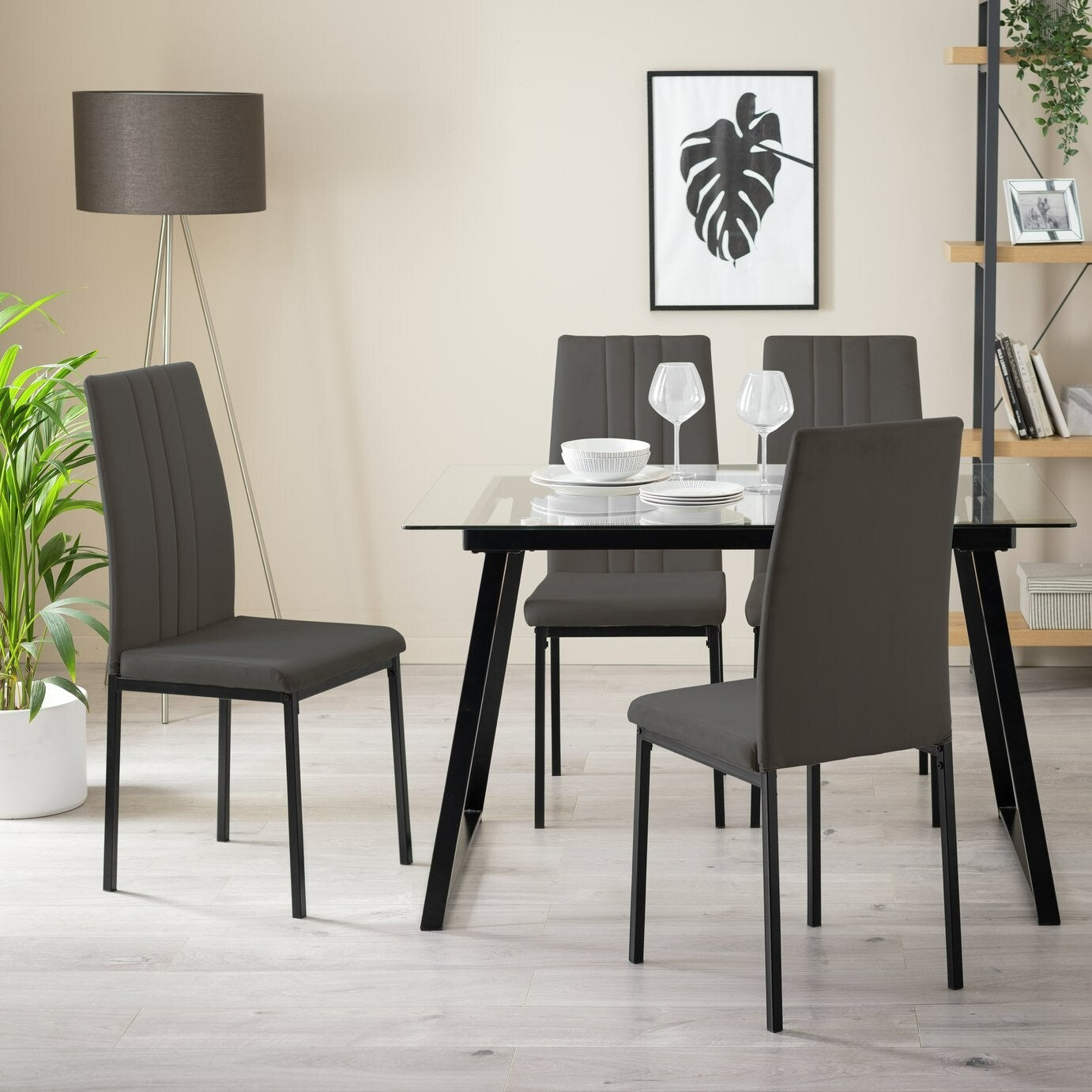 Home Tyrus Glass Dining Table & 4 Charcoal Chairs | Modern Kitchen Dining Set