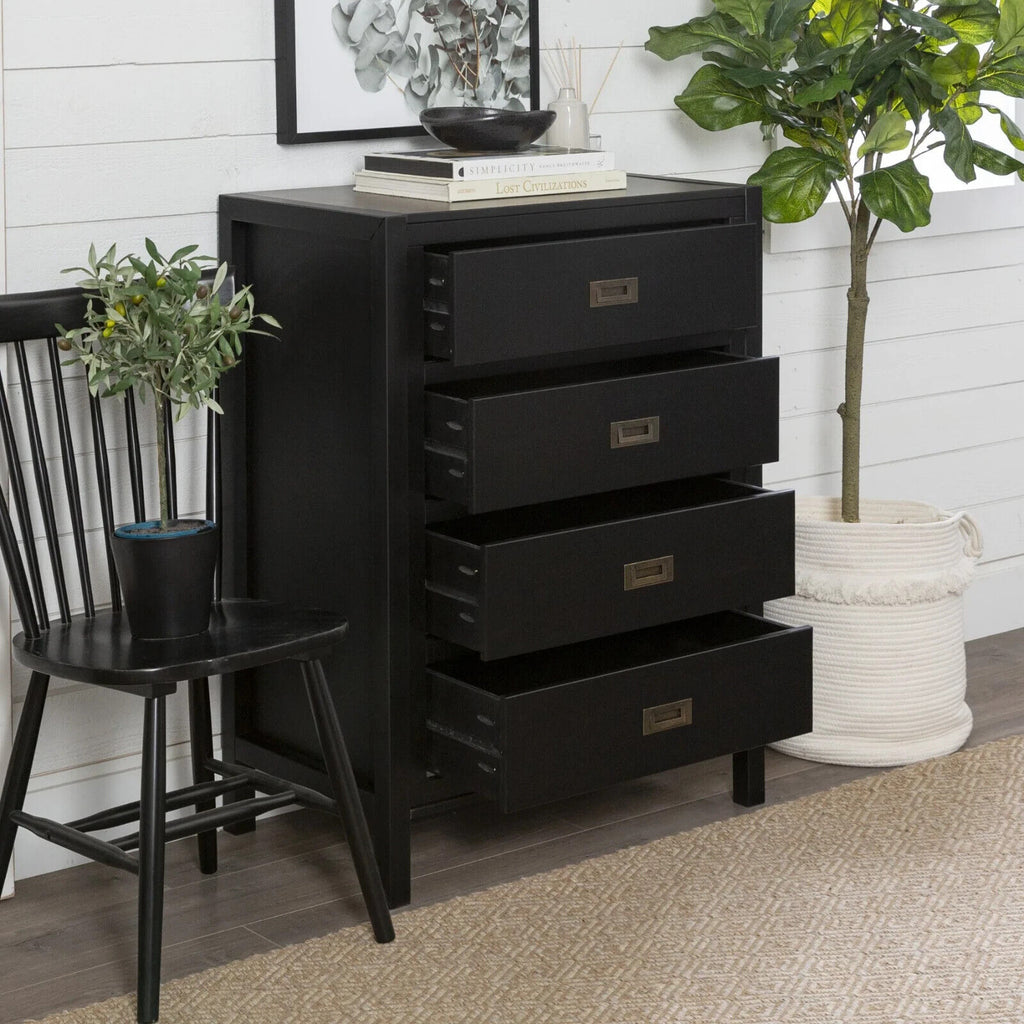 4 Drawer Chest of Drawers Black Wood Tallboy Bedroom Storage Cabinet