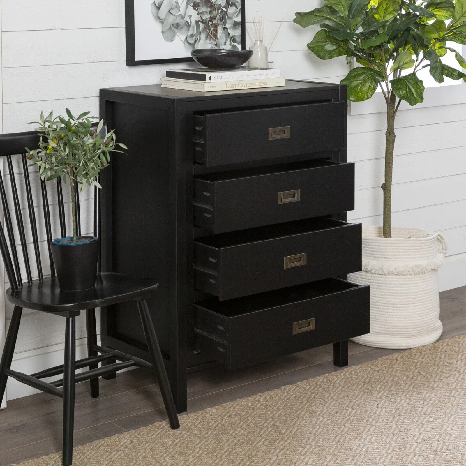 4 Drawer Chest of Drawers Black Wood Tallboy Bedroom Storage Cabinet
