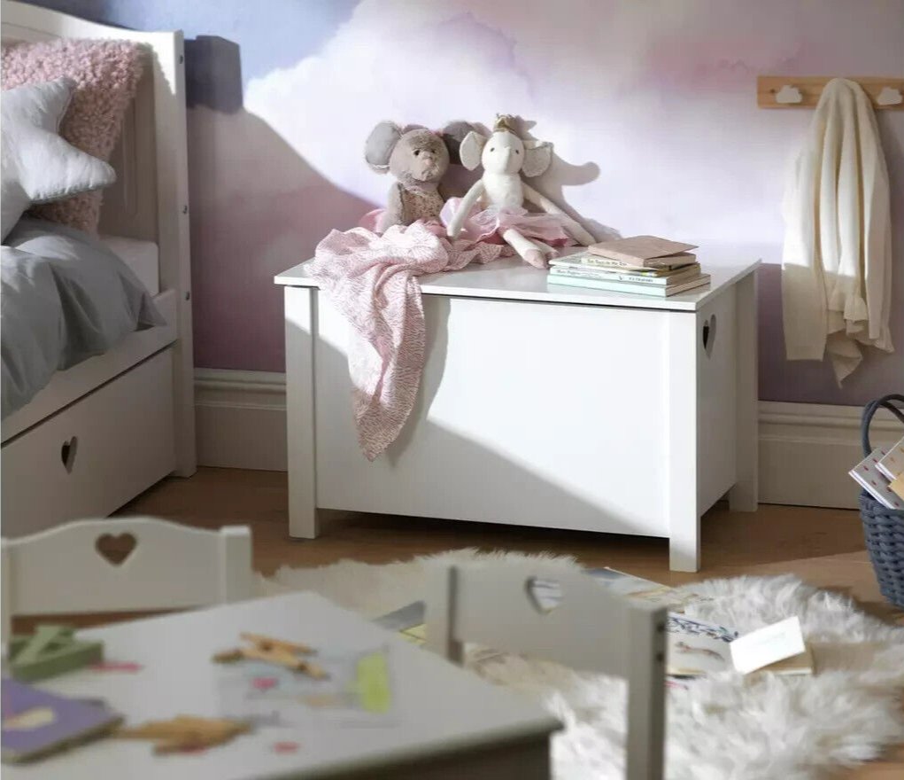 Mia Toy Box - White | Kids Storage Chest with Lid and Heart Cut-Out