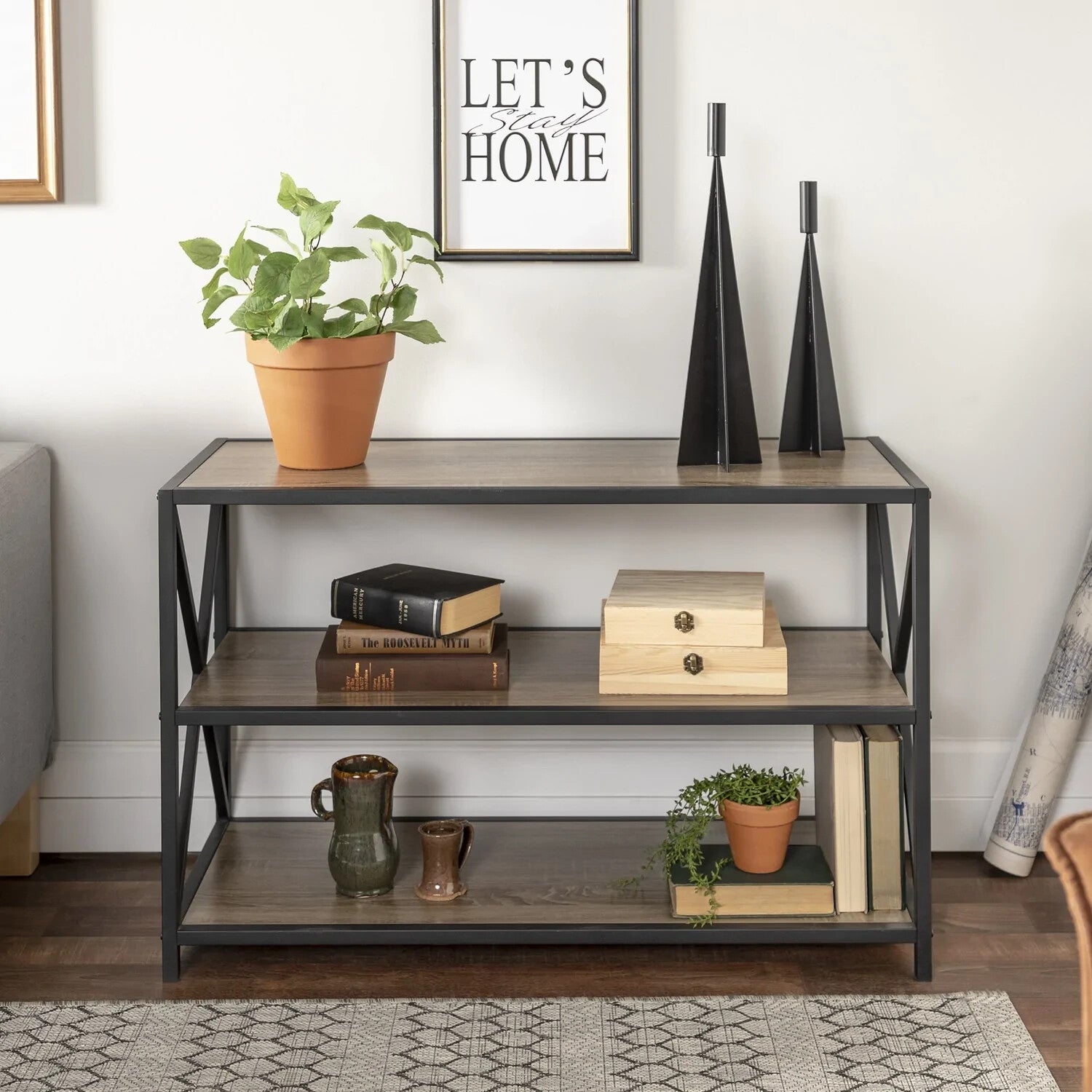 Walker Edison X-Frame Industrial Wood Bookcase â€“ Driftwood