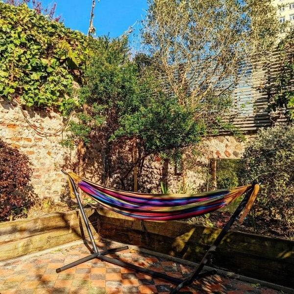 Vivere Double Cotton Hammock with Stand - Tropical | Garden Swing Bed, Outdoor