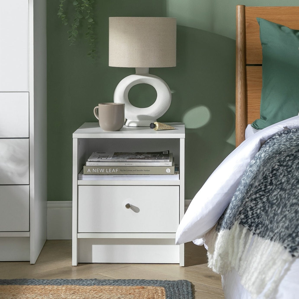 Home Malibu 1 Drawer Bedside Table White | Nightstand Compact Storage Furniture