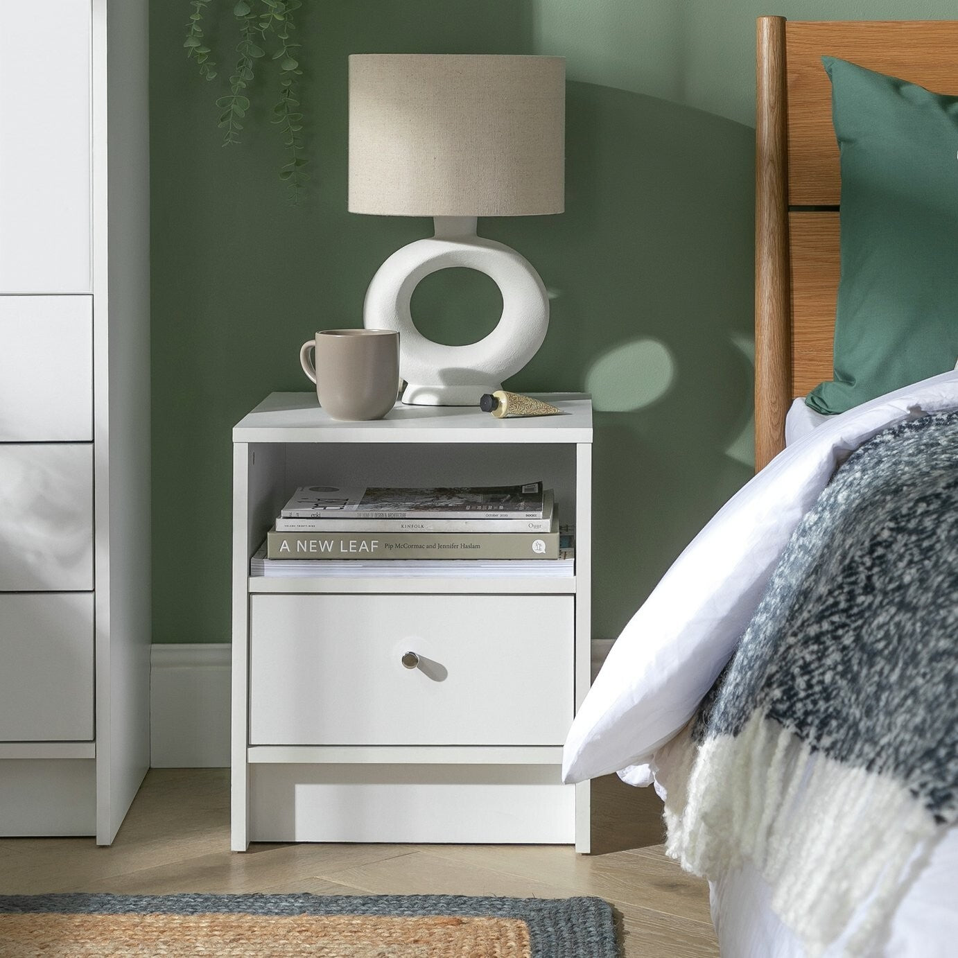 Home Malibu 1 Drawer Bedside Table White | Nightstand Compact Storage Furniture