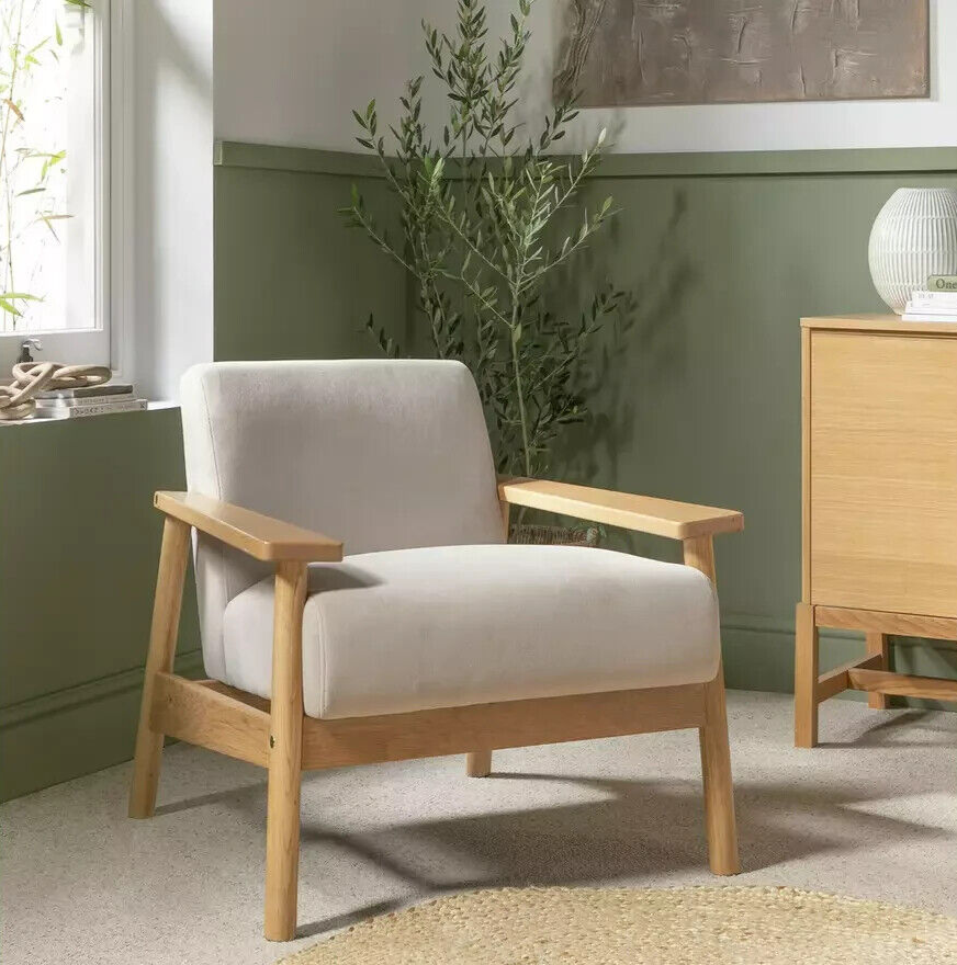 Habitat Dore Velvet Accent Chair Oak | Mid Century Lounge Chair Upholstered