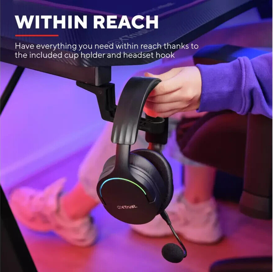 Trust GXT700 Omnius Gaming Desk - Black | Gaming Table Cup Holder Headset Hook