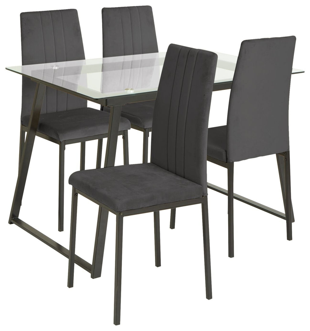 Home Tyrus Glass Dining Table & 4 Charcoal Chairs | Modern Kitchen Dining Set