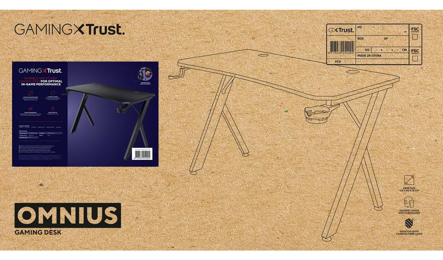 Trust GXT700 Omnius Gaming Desk - Black | Gaming Table Cup Holder Headset Hook