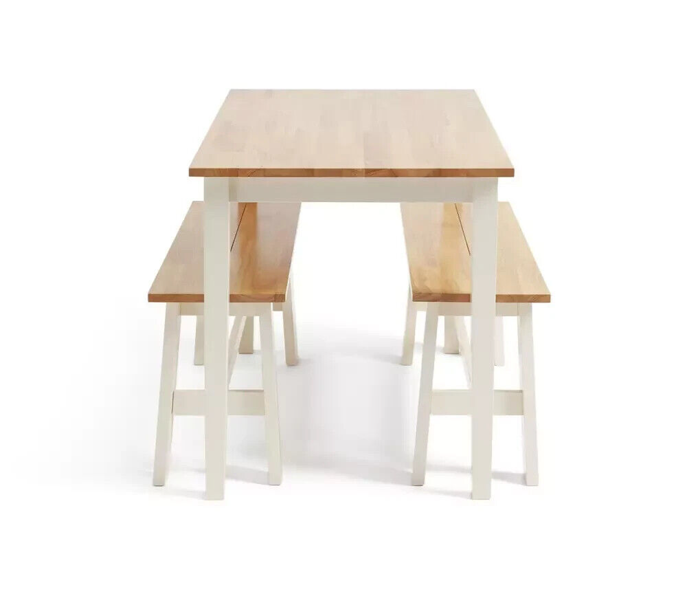Chicago Solid Wood Table & 2 Off White Benches