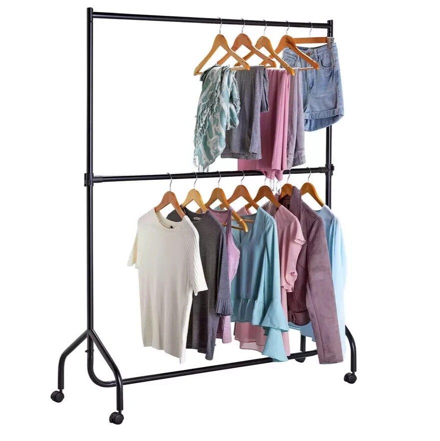 Home Heavy Duty 2 Tier Wheeled Clothes Rail Black | Freestanding Wardrobe Rack
