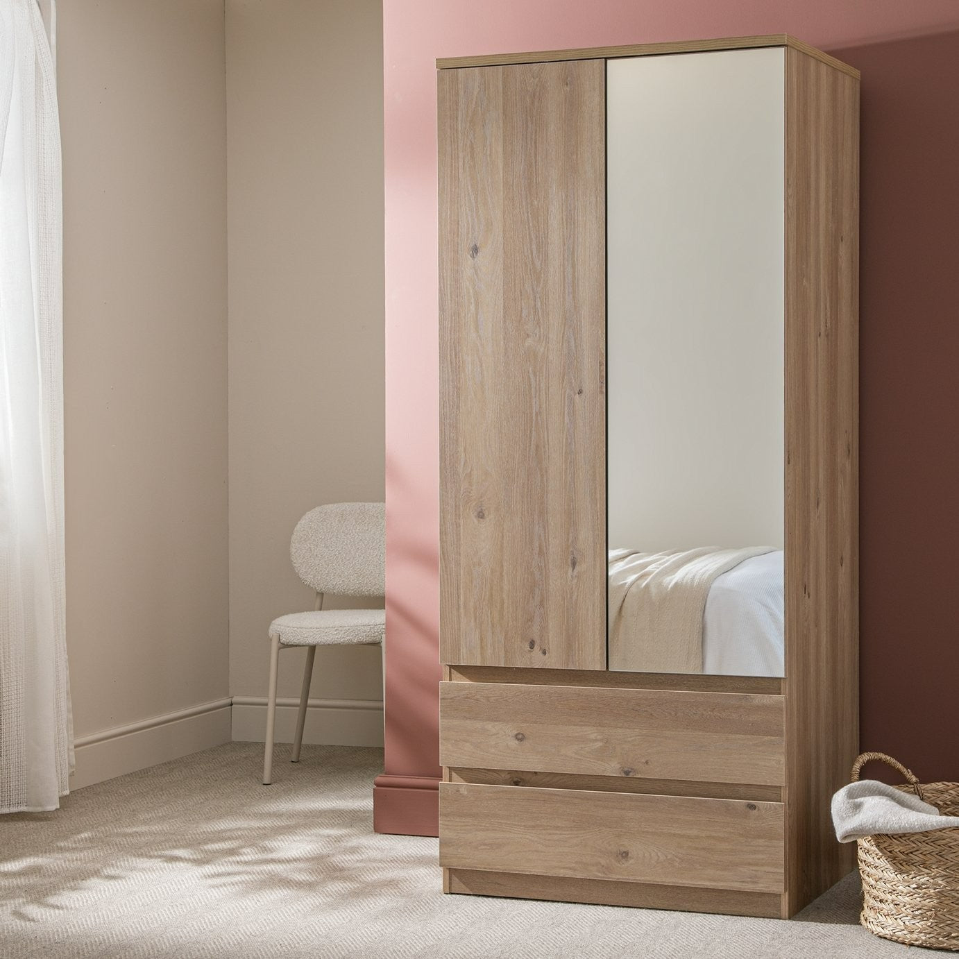 Jenson 2 Door 2 Drawer Mirror Wardrobe - Oak Effect | Mirror wardrobe oak finish