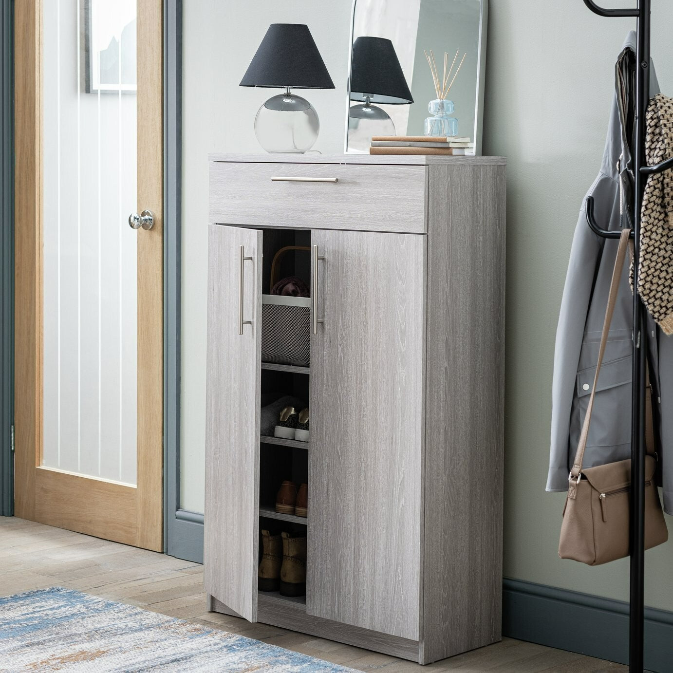Brisbane 2 Door Shoe Storage Cabinet - Grey & Oak