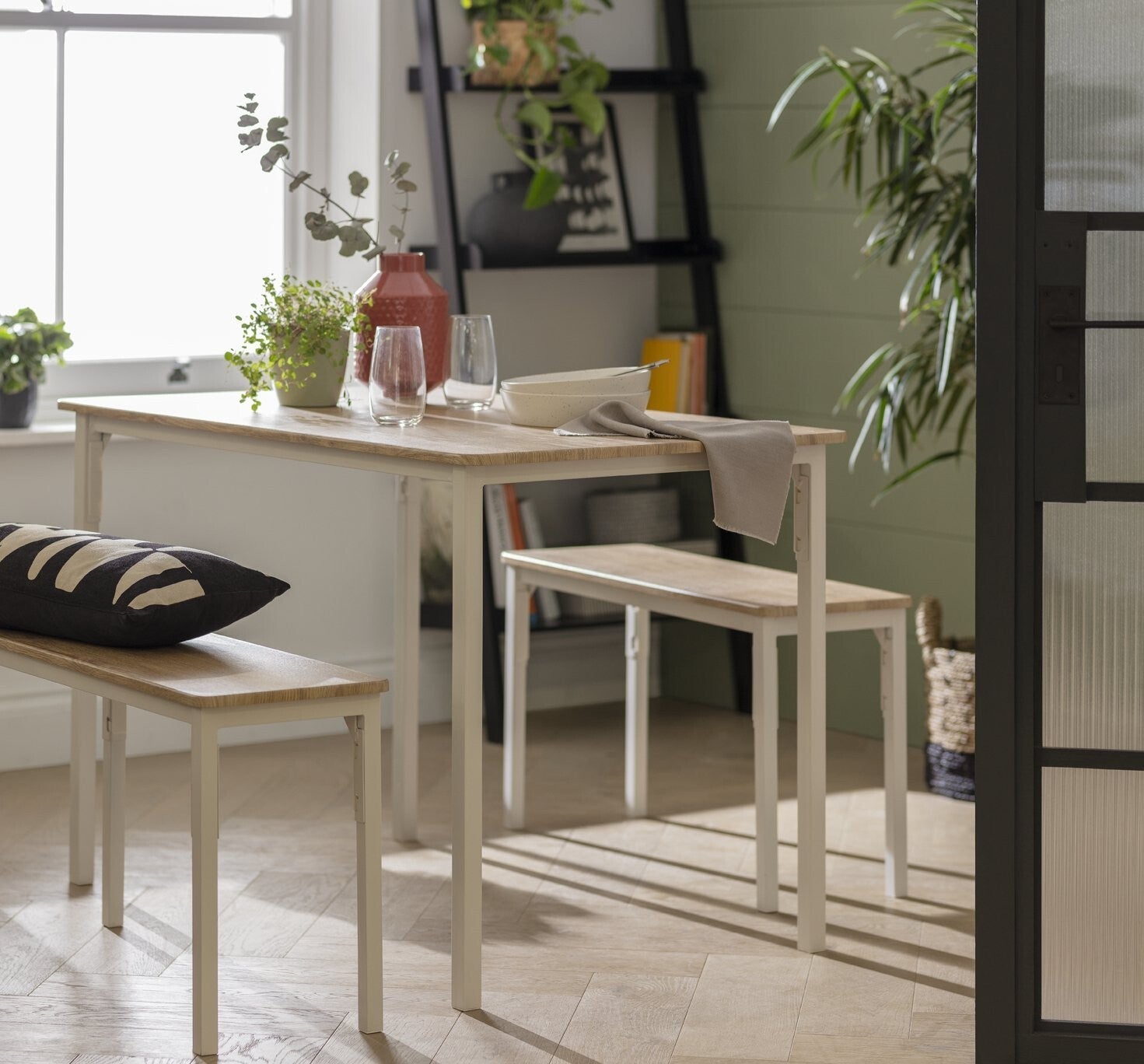 Home Bolitzo Oak Dining Table & 2 White Benches | Sturdy Kitchen Furniture Set