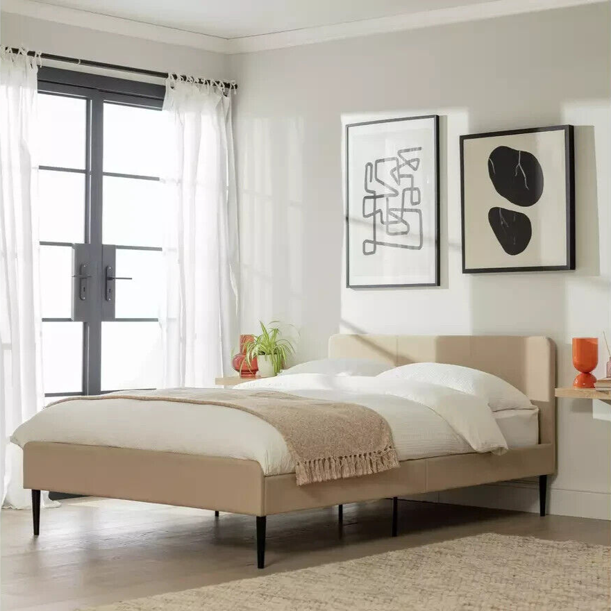 Home Kristopher Double Fabric Bed Frame - Cream | Cream Upholstered Bed Modern