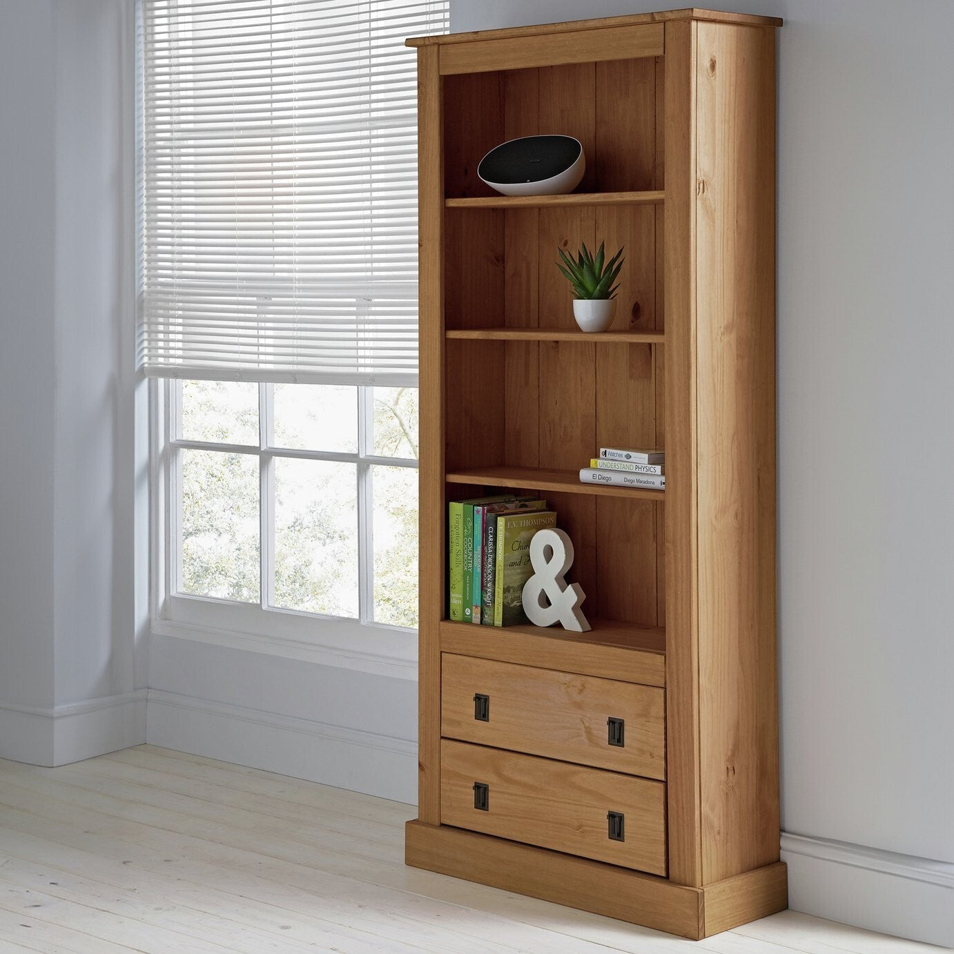 Solid Pine 2 Drawer Tall Bookcase