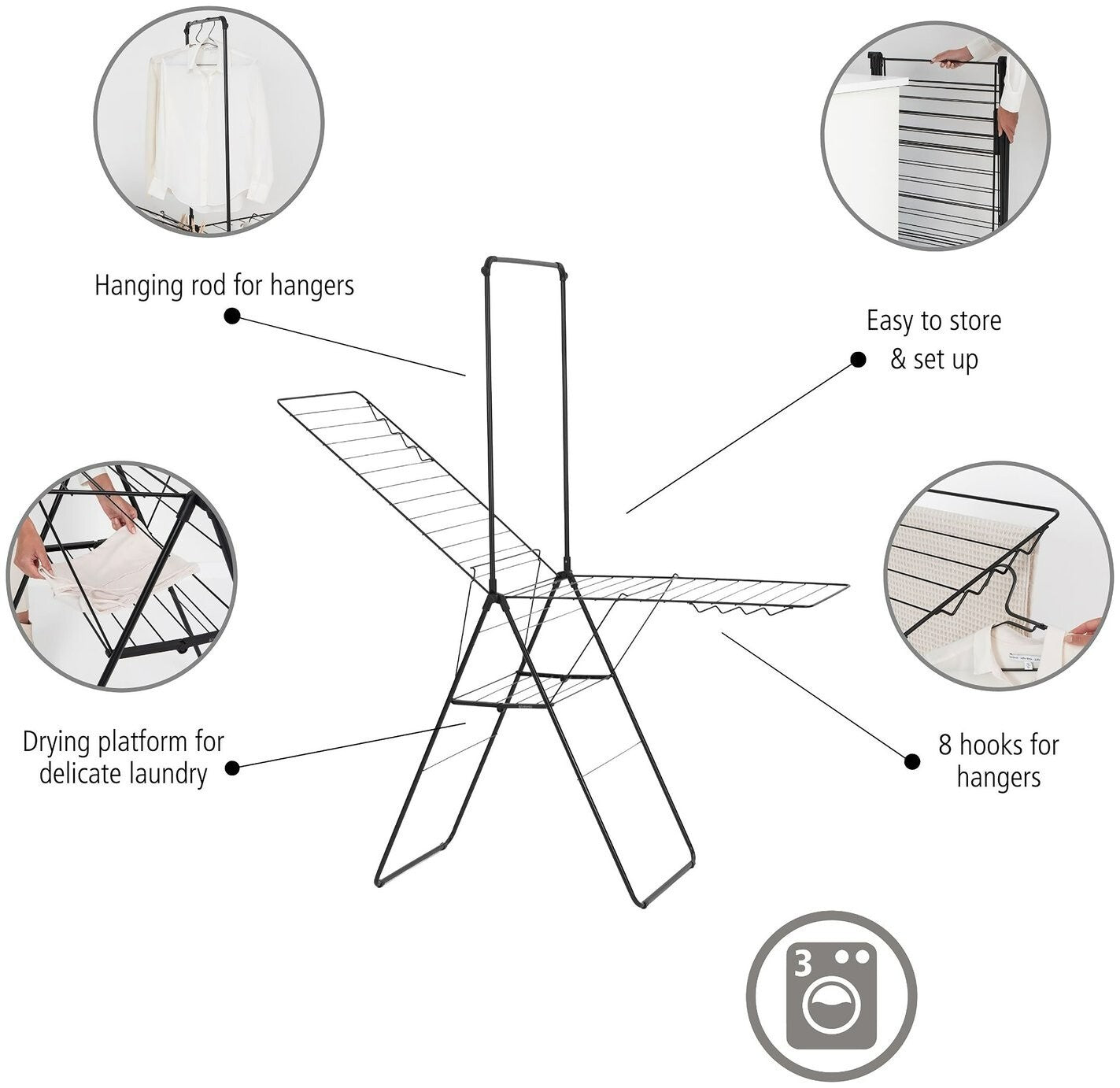 Brabantia 25m Hang On Clothes Airer with Rod - Black