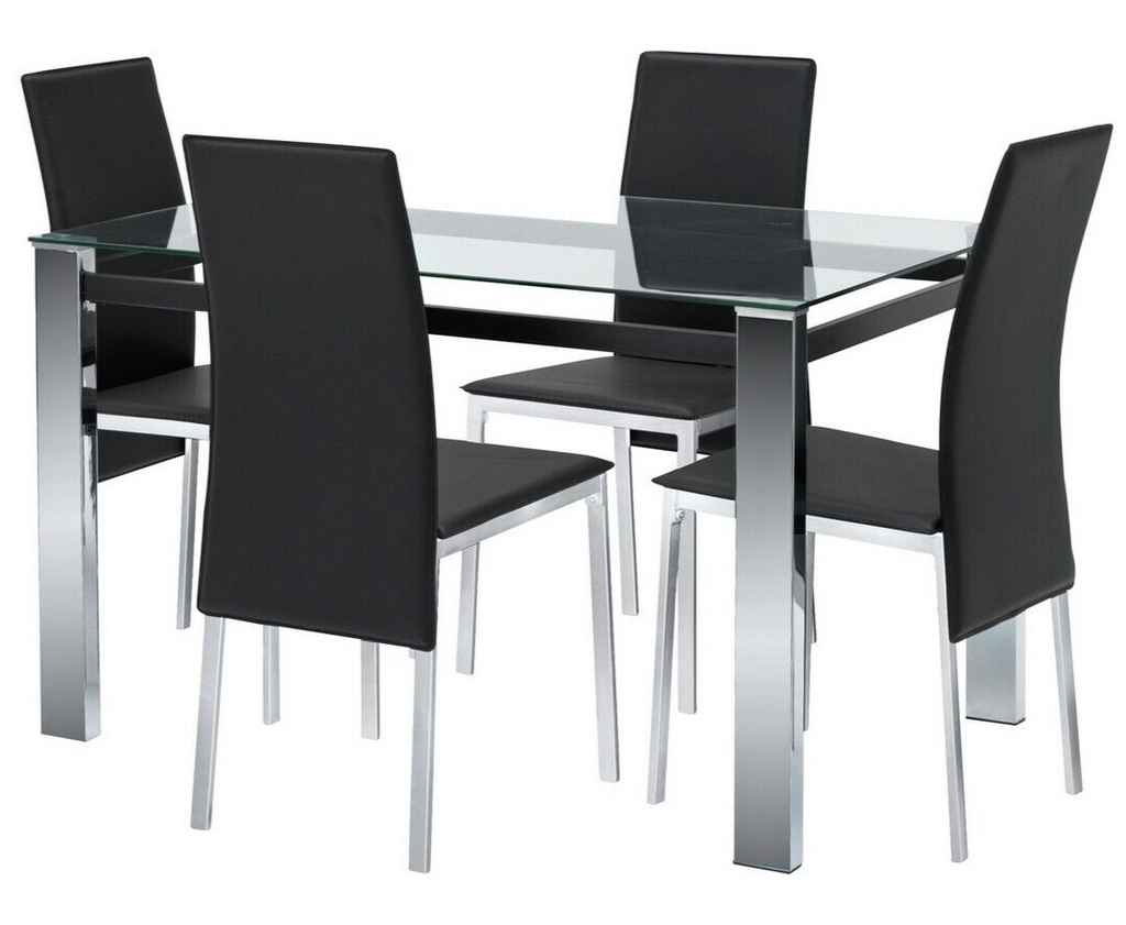 Home Fitz Glass Dining Table & 4 Black Chairs | Modern Kitchen Furniture Set