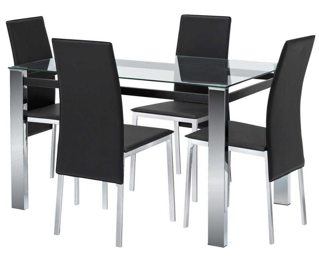 Home Fitz Glass Dining Table & 4 Black Chairs | Modern Kitchen Furniture Set