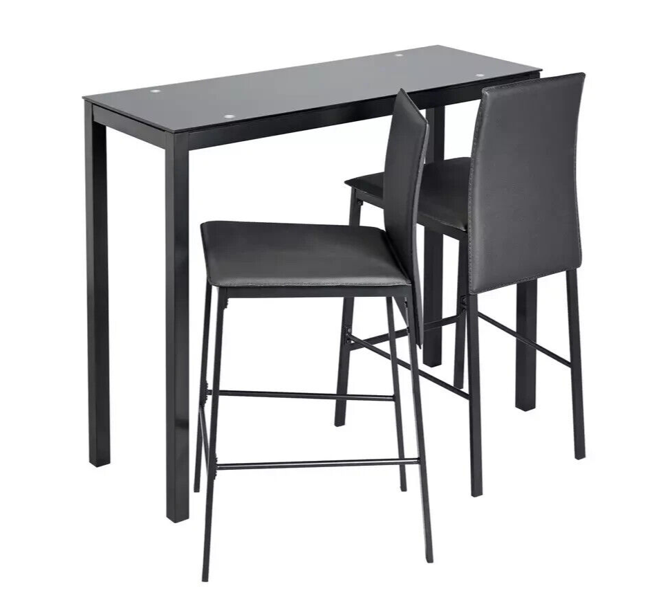 Lido Glass Dining Bar Table and 2 Chairs Black 110cm For Kitchen or Living Room