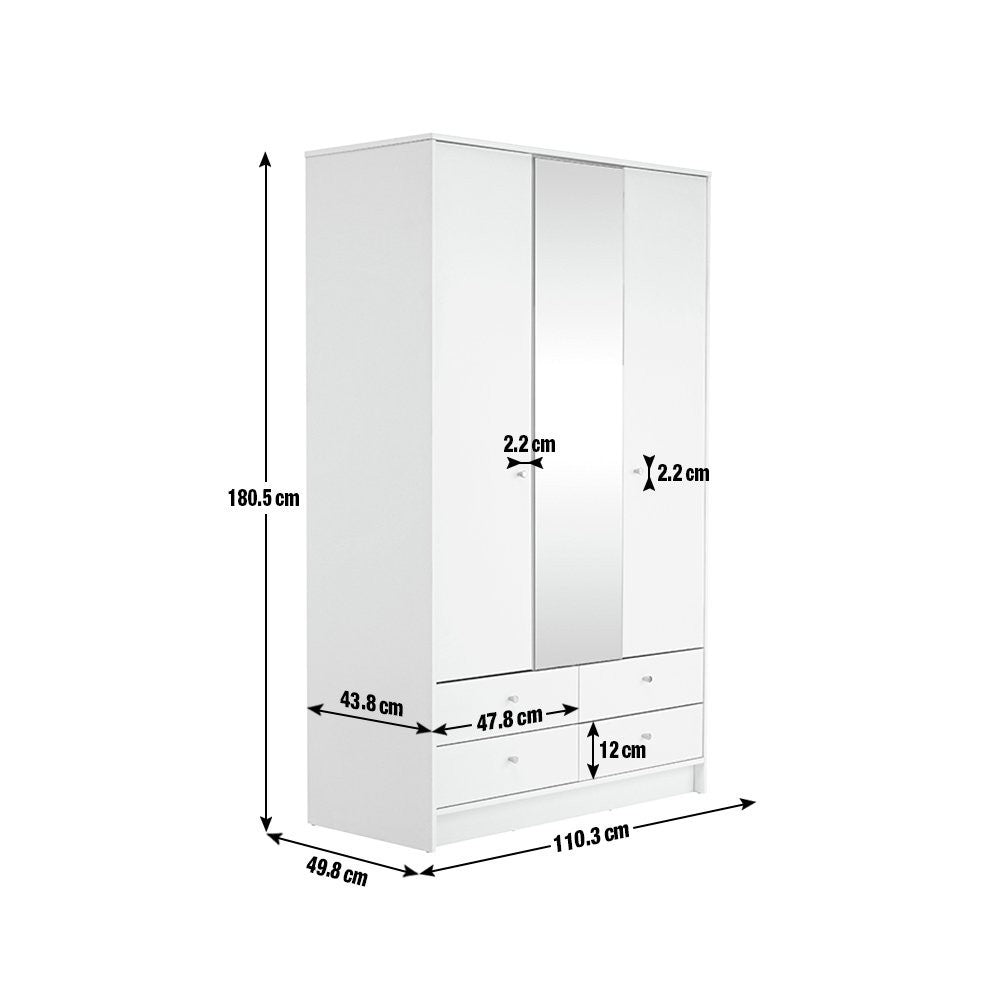 Home Malibu 3 Door 4 Drawer Mirror Wardrobe - White | wardrobe with mirror