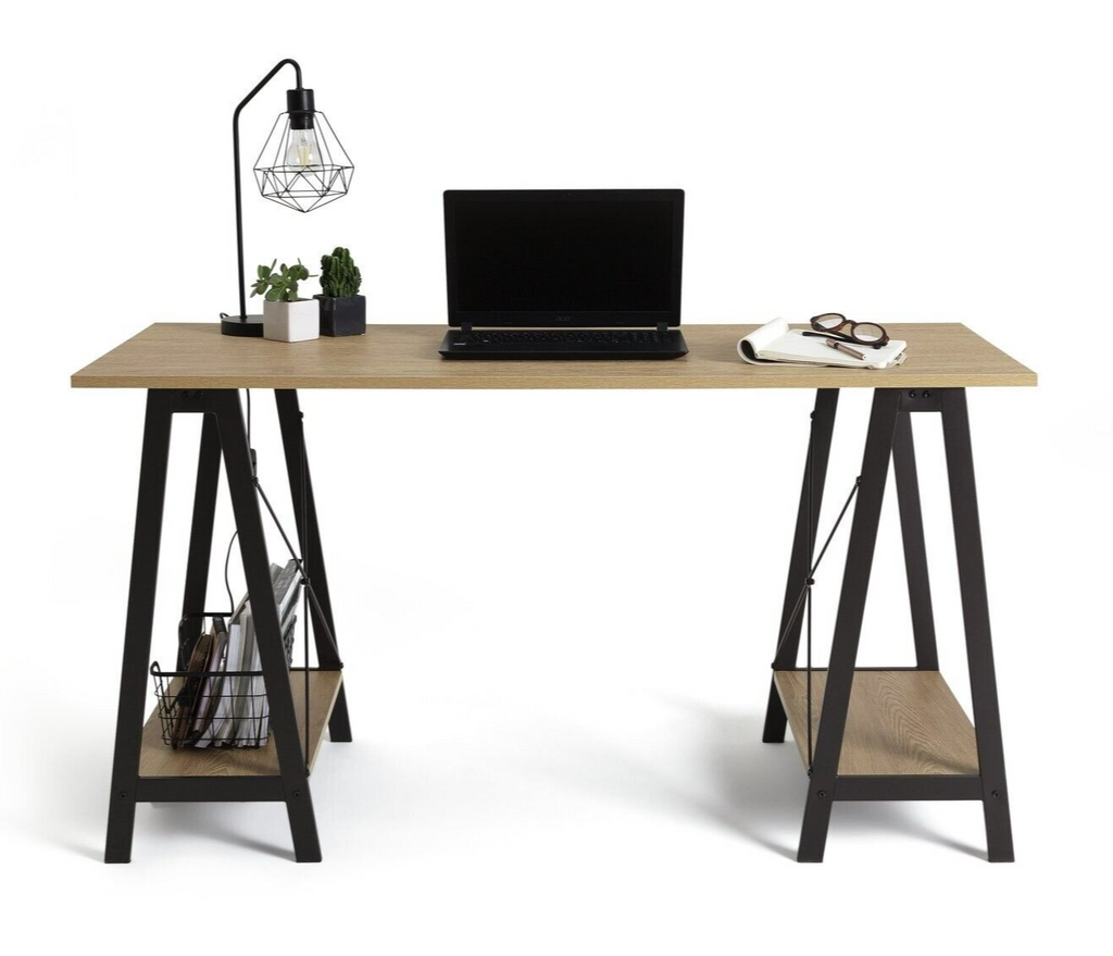 Habitat Trestle Table Office Desk Oak Effect | Industrial Style Home Office Desk
