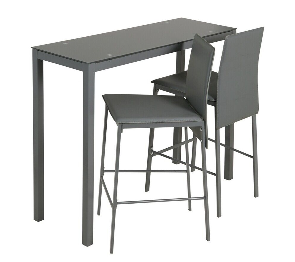 Lido Glass Bar Table & 2 Grey Chairs | Modern Kitchen Breakfast Dining Set