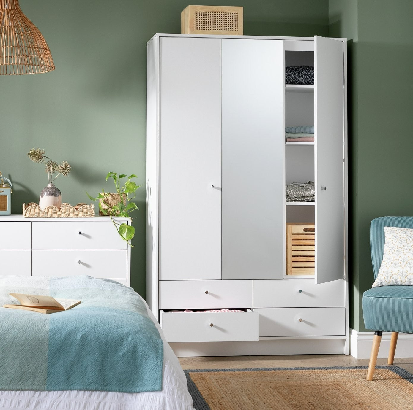 Home Malibu 3 Door 4 Drawer Mirror Wardrobe - White ( B Grade )
